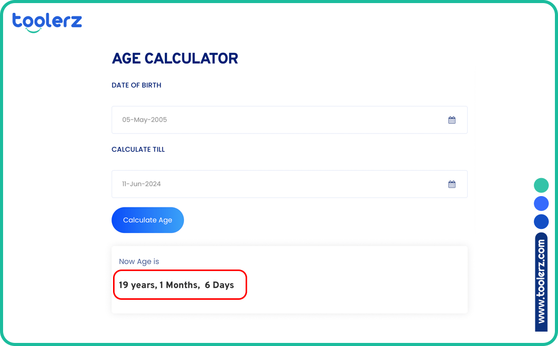 Screenshot of Toolerz's Age Calculator interface.